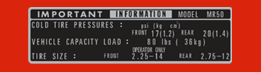 1974 & 1975 MR50 Tire Info Decal